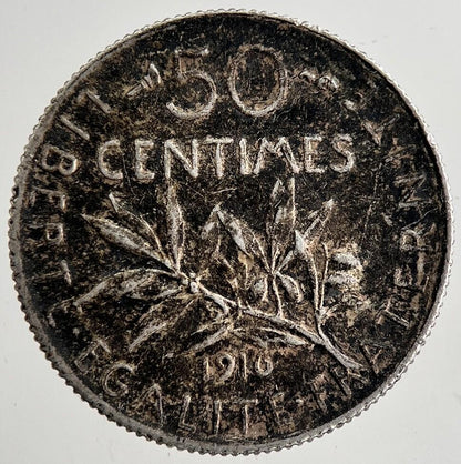 1916 France 50 Centimes Cents Silver Coin | Fine Collectable Grade | a8366