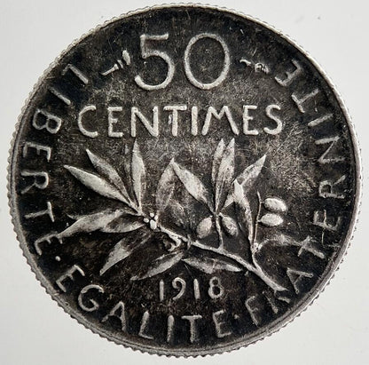 1918 France 50 Centimes Cents Silver Coin | Fine Collectable Grade | a8364