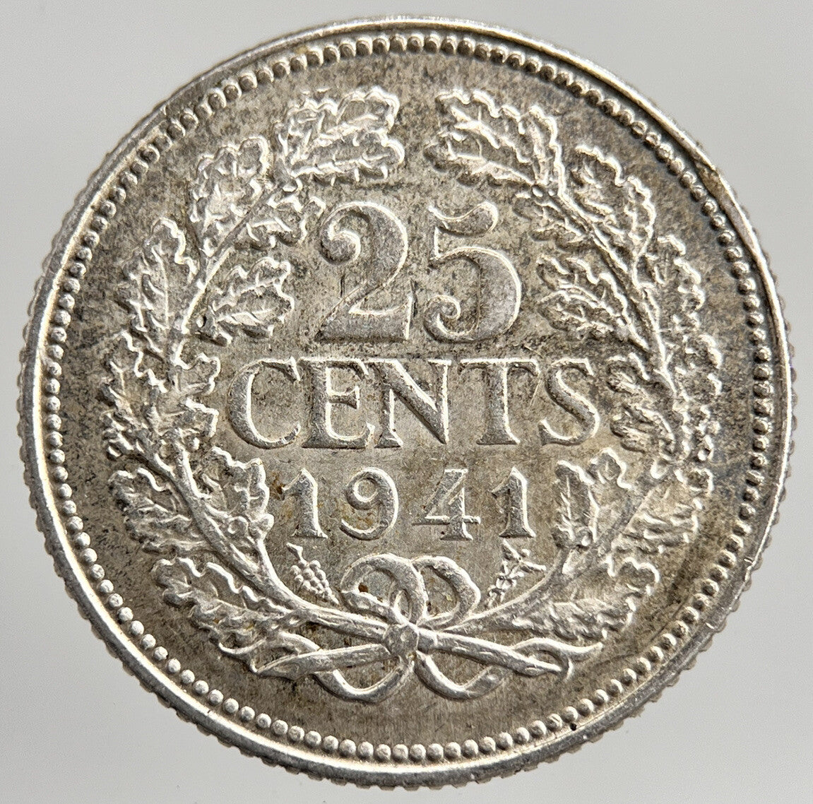 1941 Netherlands 25 Cents Silver Coin | Very Fine Grade