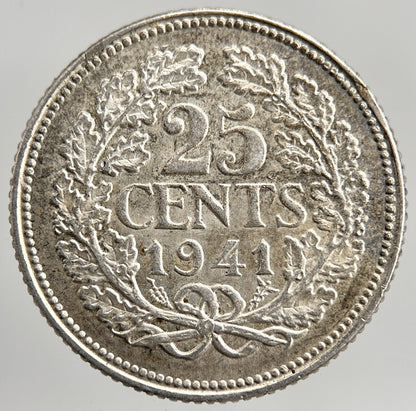 1941 Netherlands 25 Cents Silver Coin | Very Fine Grade