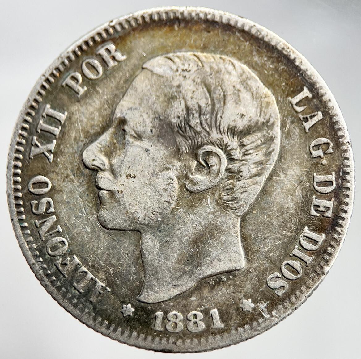 1881 Span 2 Dos Pesetas Silver Coin | Fine Collectable Grade