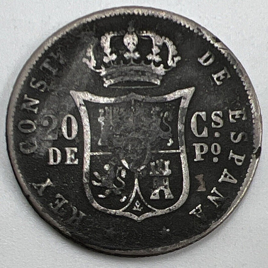 1885 Philippines 20 Centavos Spain Silver Coin | Worn Grade | e588