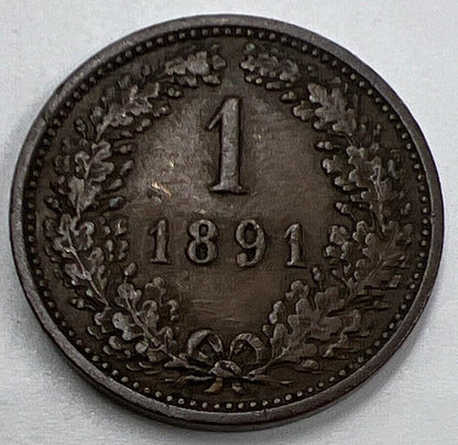 1891 Austria 1 One Kreuzer Coin | Fine Collectable Grade