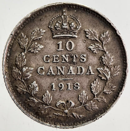 1918 Canada 10 Cents Silver Coin | Very Fine Grade