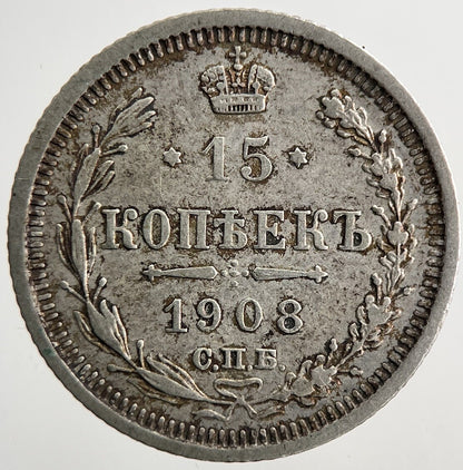 1908 Russia 15 Kopek Silver Coin | Very High Grade | a9269