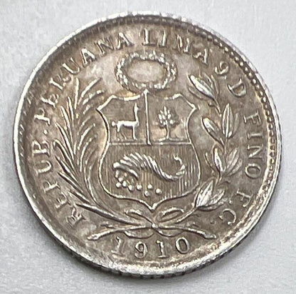 1910 Half 1/2 Dinero | Peru Silver Coin | Very Fine Grade | a938