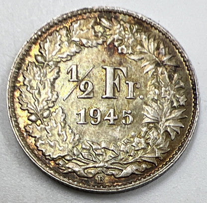 1945 Half 1/2 Franc | Swiss Silver Coin | Very Fine Grade | a940