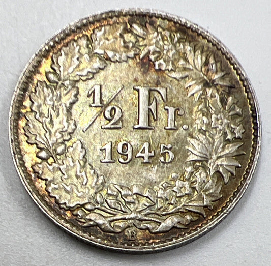 1945 Half 1/2 Franc | Swiss Silver Coin | Very Fine Grade | a940