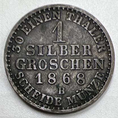 1868-B Prussia Silber Groschen Silver Coin | Fine Collectable Grade | a942