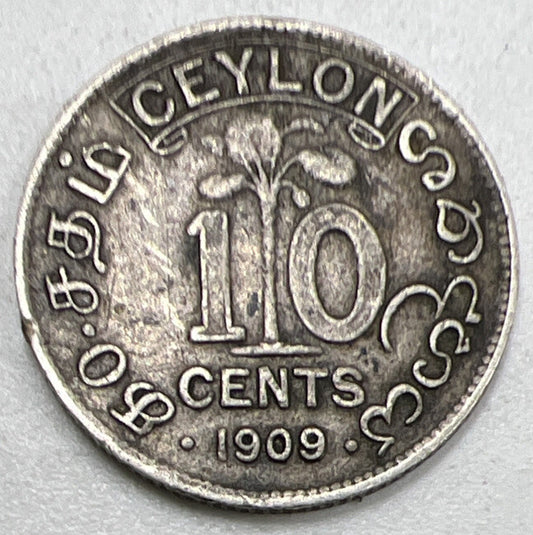 1909 Ceylon 10 Cents Silver Coin | Collectable Grade | a992