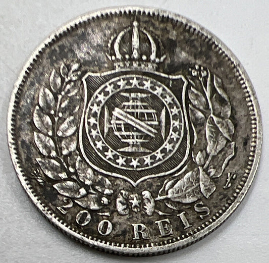 1868 Brazil 200 Reis Silver Coin | Fine Collectable Grade | a943
