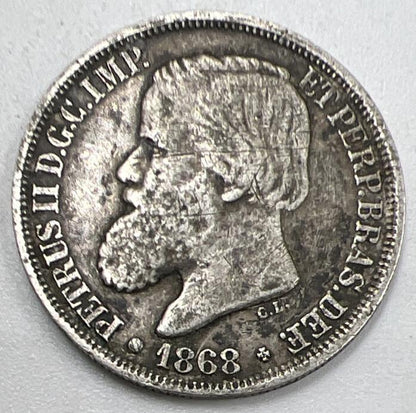 1868 Brazil 200 Reis Silver Coin | Fine Collectable Grade | a943