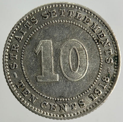 1918 Strait Settlements 10 Cents Silver Coin | Fine Collectable Grade
