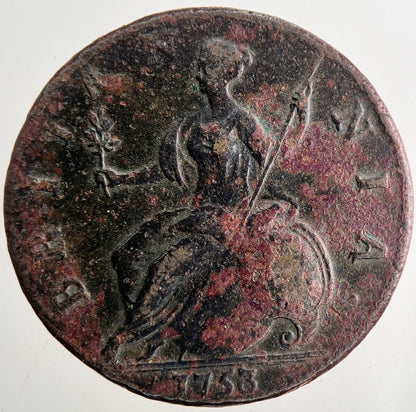 1753 George 2nd II Half-Penny British Coin | Fine Collectable Grade | a9605