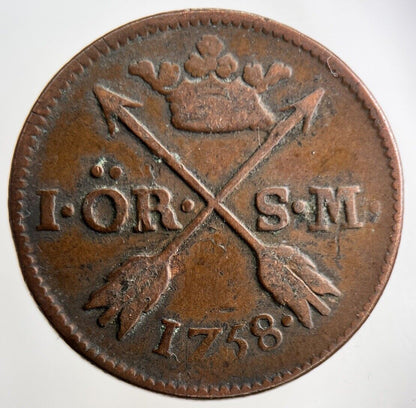 1758 Sweden 1 Ore Coin | Fine Collectable Grade