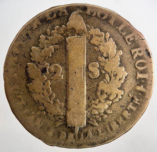 1792 Louis XVI France 2 Sol Coin | Fine Collectable Grade | a9528