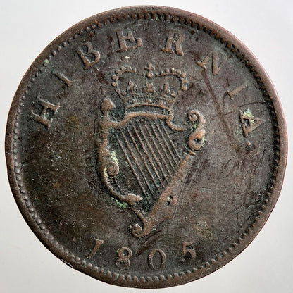 1805 Irish George III Hibernia Half-Penny Coin | Fine Collectable Grade | a3428