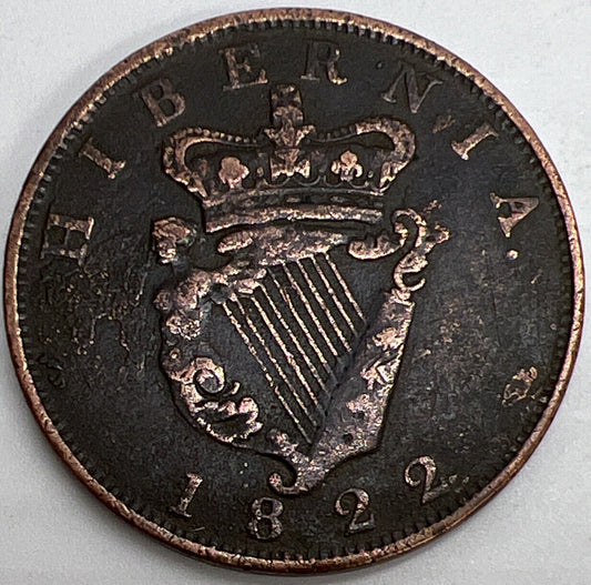 1822 Irish Hibernia Penny Coin | George IV | Fine Collectable Grade | a1168