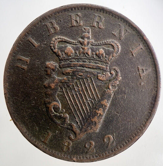 1822 George IV Irish Hibernia One Penny Coin | Fine Collectable Grade | a9360