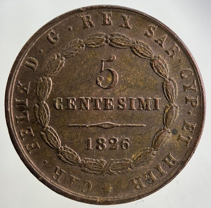 1826 Italy Sardinia 5 Centesimi Coin | Very High Grade