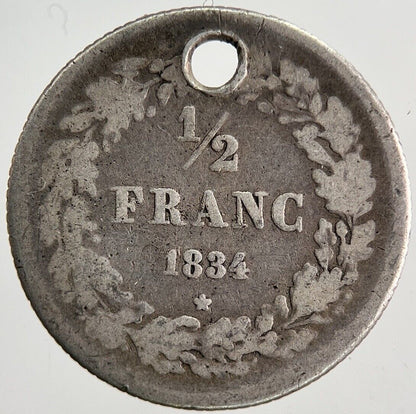 1834 Belgium 1/2 Half Franc Silver Coin | Fine Collectable Grade | a6496