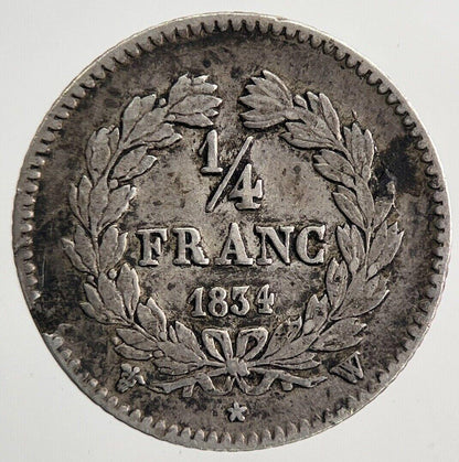 1834 France 1/4 Quarter Franc Silver Coin | Fine Collectable Grade | a9300