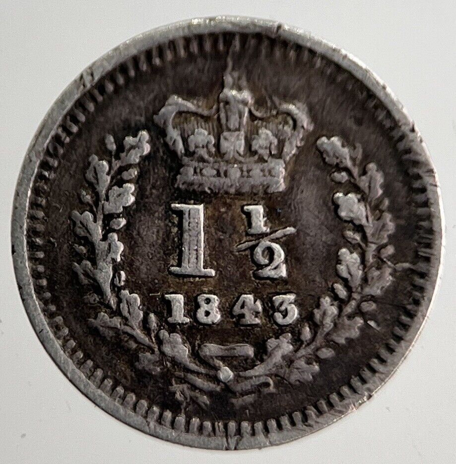 1843 Victoria 1-1/2 Three-Half-Pence Silver Coin | Fine Collectable Grade a8297