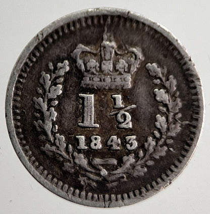 1843 Victoria 1-1/2 Three-Half-Pence Silver Coin | Fine Collectable Grade a8297
