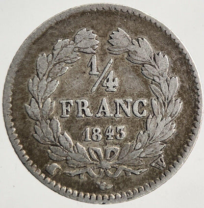 1843 France 1/4 Quarter Franc Silver Coin | Fine Collectable Grade | a9301
