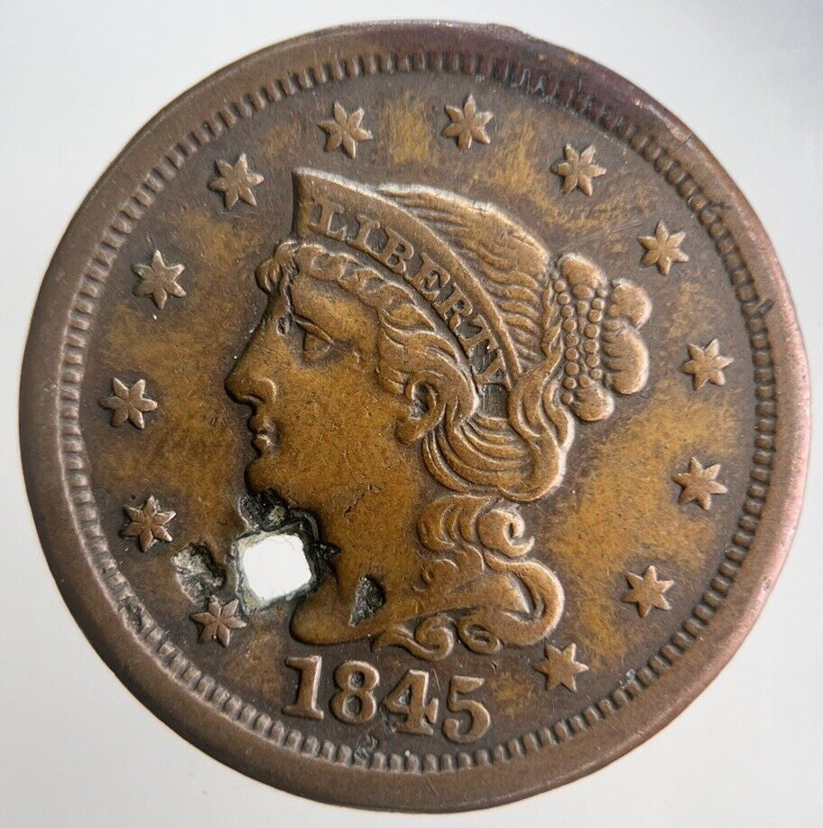 1845 US USA Braided Hair Large 1 One Cent Coin | Fine Collectable Grade | a4530