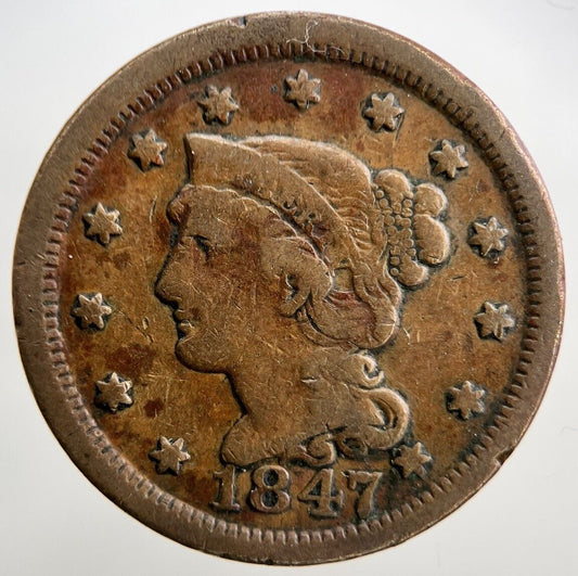 1847 US USA Braided Hair Large 1 One Cent | Copper Coin | Fine Grade | a108