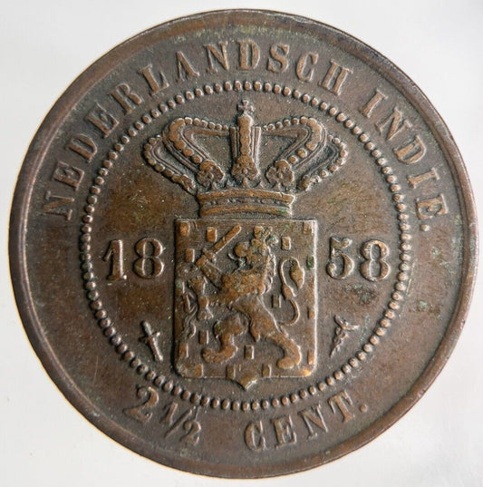 1858 Netherlands East Indies 2 1/2 Cents Coin | Fine Collectable Grade