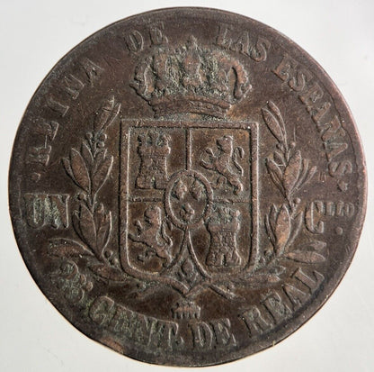 1857 Spain 25 Centimos Coin | Fine Collectable Grade