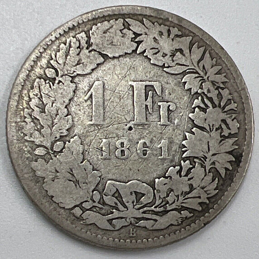 1861-B Switzerland 1 One Franc | Swiss Silver Coin | Fair Grade | a489