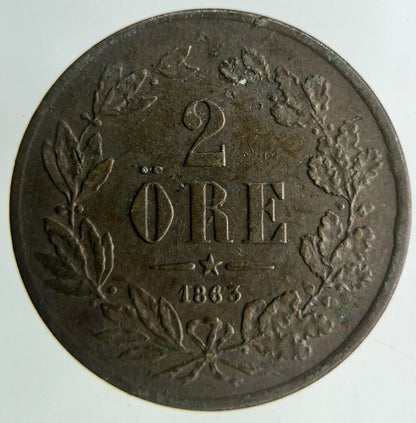 1863 Sweden 2 Ore Coin | Fine Collectable Grade