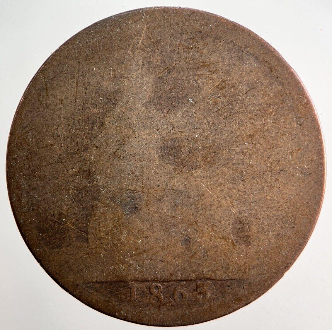 1863 Victoria One Penny Coin | Worn Grade