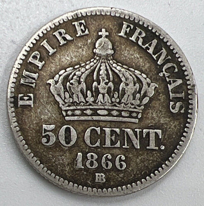 1866-BB 50 Centimes Napoleon III France Silver Coin | Collectable Grade