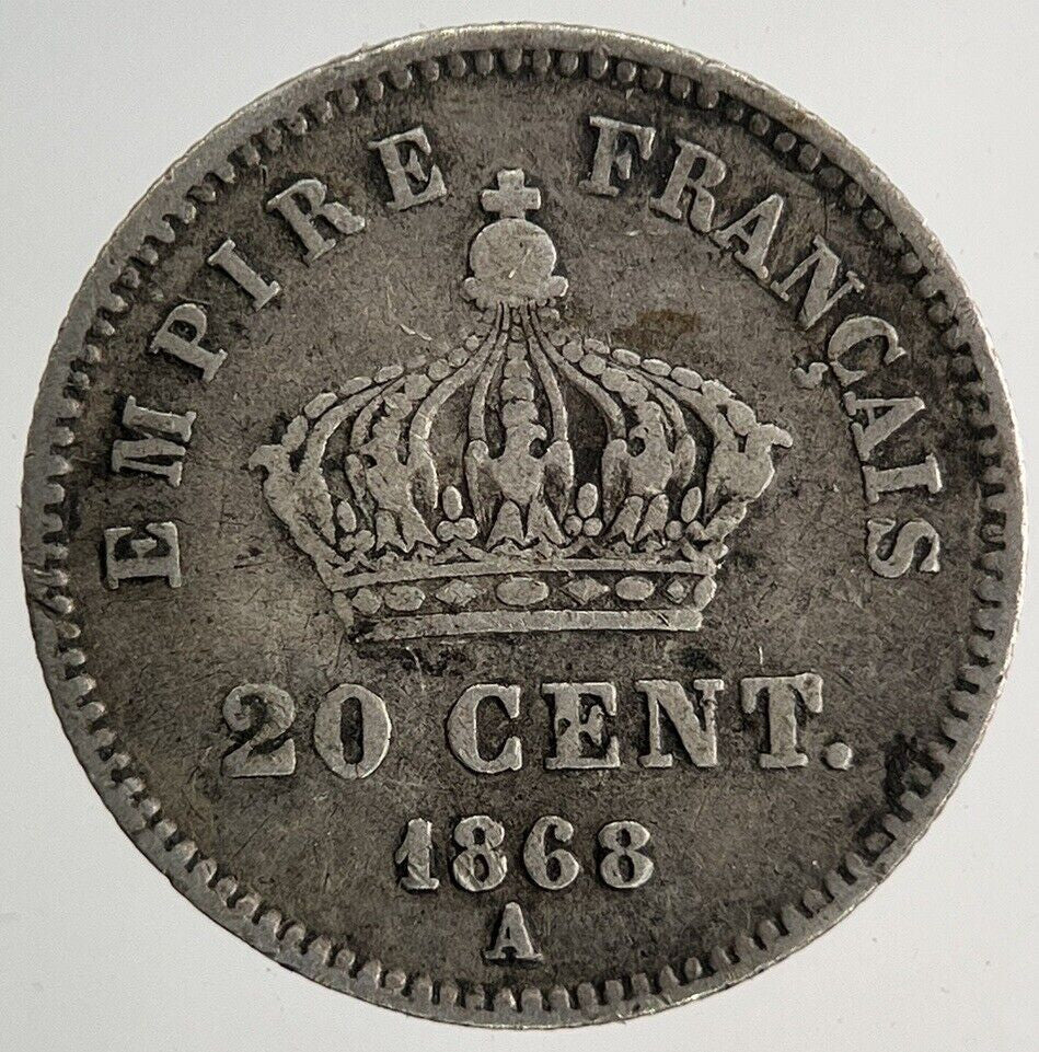 1868 France 20 Cents Silver Coin | Fine Collectable Grade