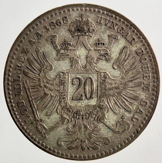 1868 Austria Hungary 20 Kreuzer Silver Coin | Fine Collectable Grade