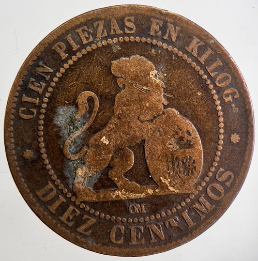 1870 Spain Diez 10 Ten Centimos Coin | Fair Grade | a4750