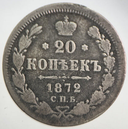 1872 Russia 20 Kopek Silver Coin | Collectable Grade | a7690