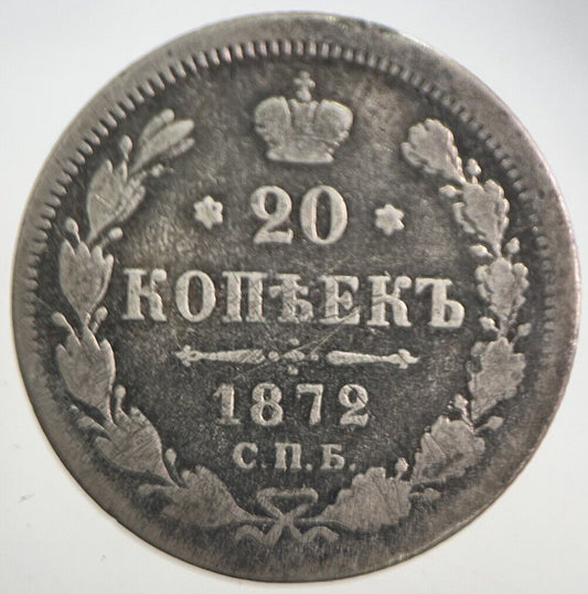 1872 Russia 20 Kopek Silver Coin | Collectable Grade | a7690