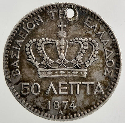 1874 Greece Greek 50 Lepta Silver Coin | Fine Collectable Grade
