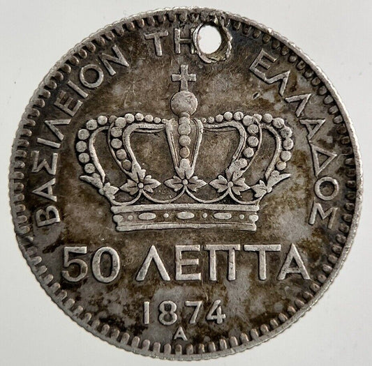 1874 Greece Greek 50 Lepta Silver Coin | Fine Collectable Grade