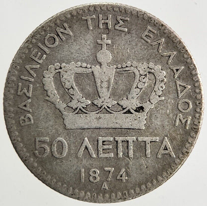 1874 Greece Greek 50 Lepta Silver Coin | Collectable Grade