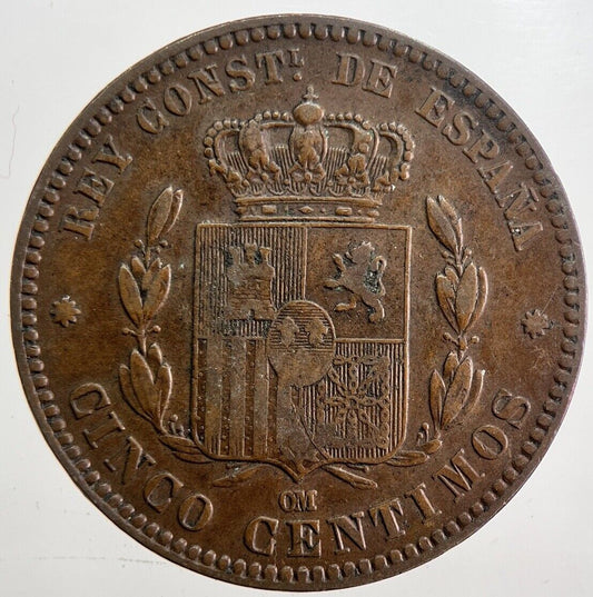 1877 Spain Cinco 5 Centimos Coin | Fine Collectable Grade | a4744