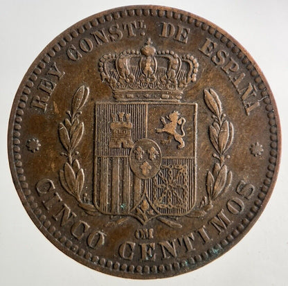 1877 Spain Cinco 5 Centimos Coin | Very High Grade
