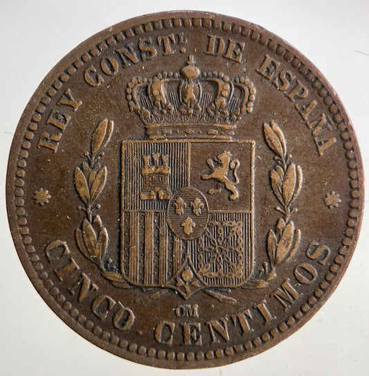 1877 Spain Cinco 5 Centimos Coin | Fine Collectable Grade