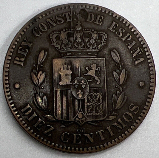 1879 Spain Diez 10 Ten Centimos Coin | Collectable Grade | a640
