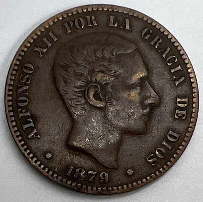 1879 Spain Diez 10 Ten Centimos Coin | Collectable Grade | a640